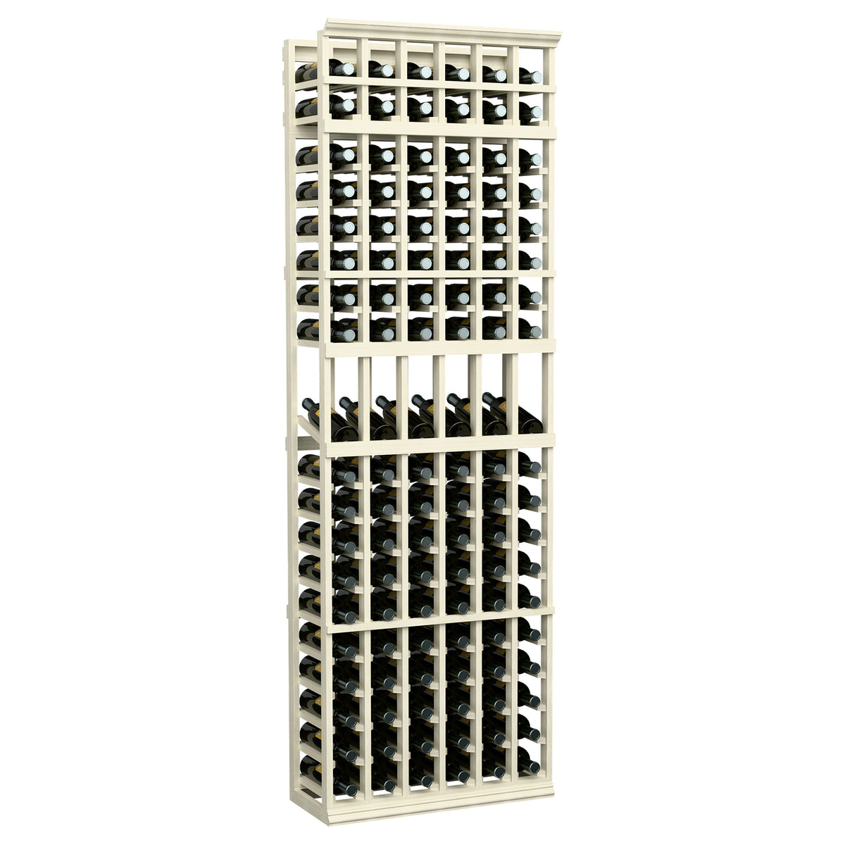 6-column wine display rack with front bottle slots, light gray wood frame.