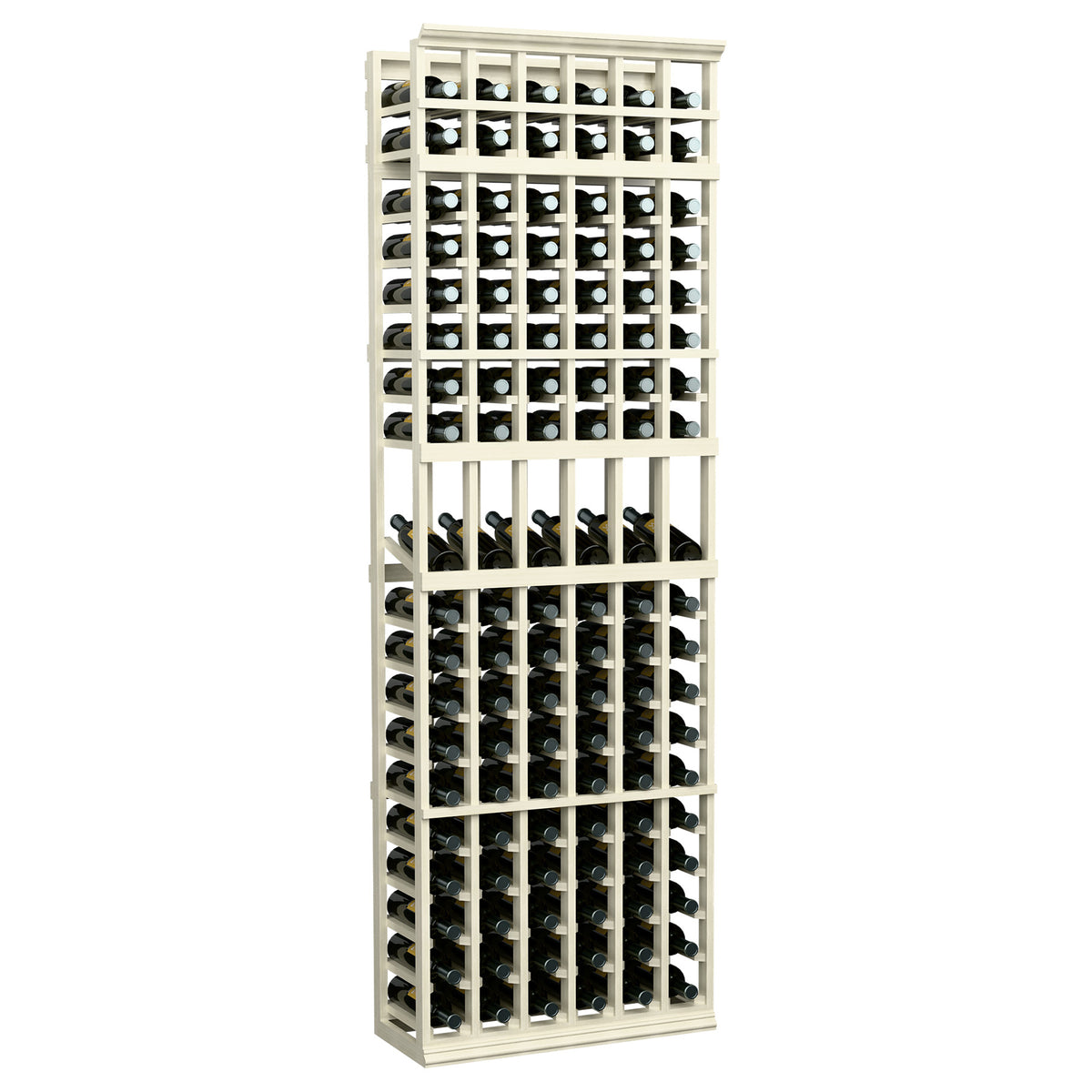 6-column wine display rack with front bottle slots, light gray wood frame.