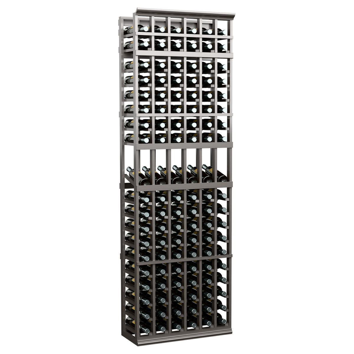 Dark tall 6-column wine bottle display rack with bottle-filled grid shelves