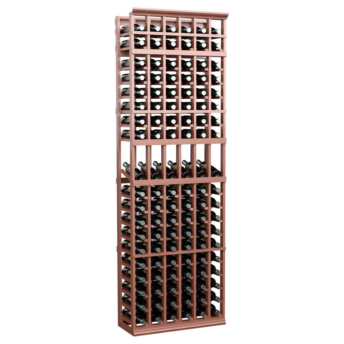 Mahogany-toned wood wine bottle display rack, 6 columns, 7ft tall, multi-bottle storage