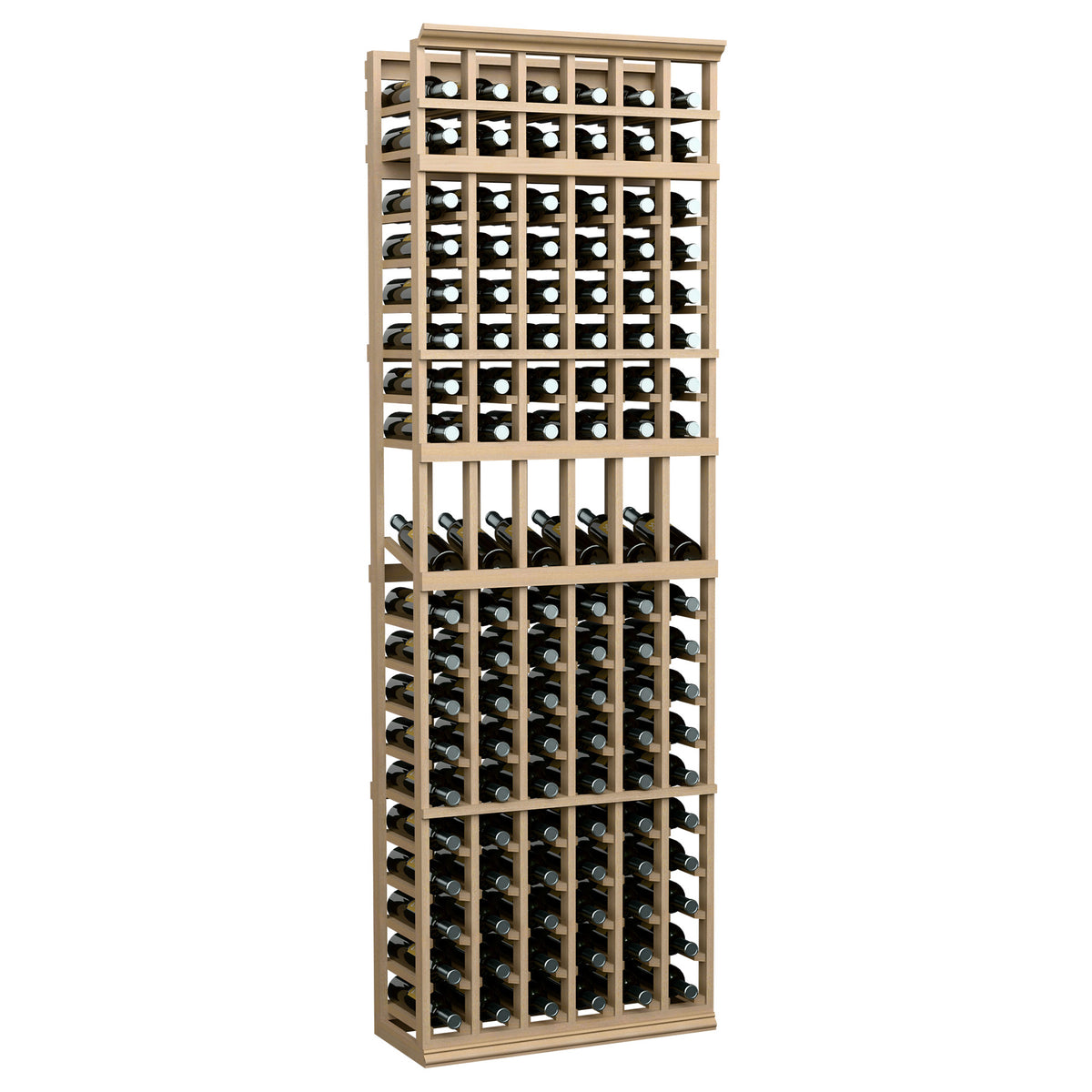 Light wood 6-column wine bottle display rack with open lattice and bottle rows