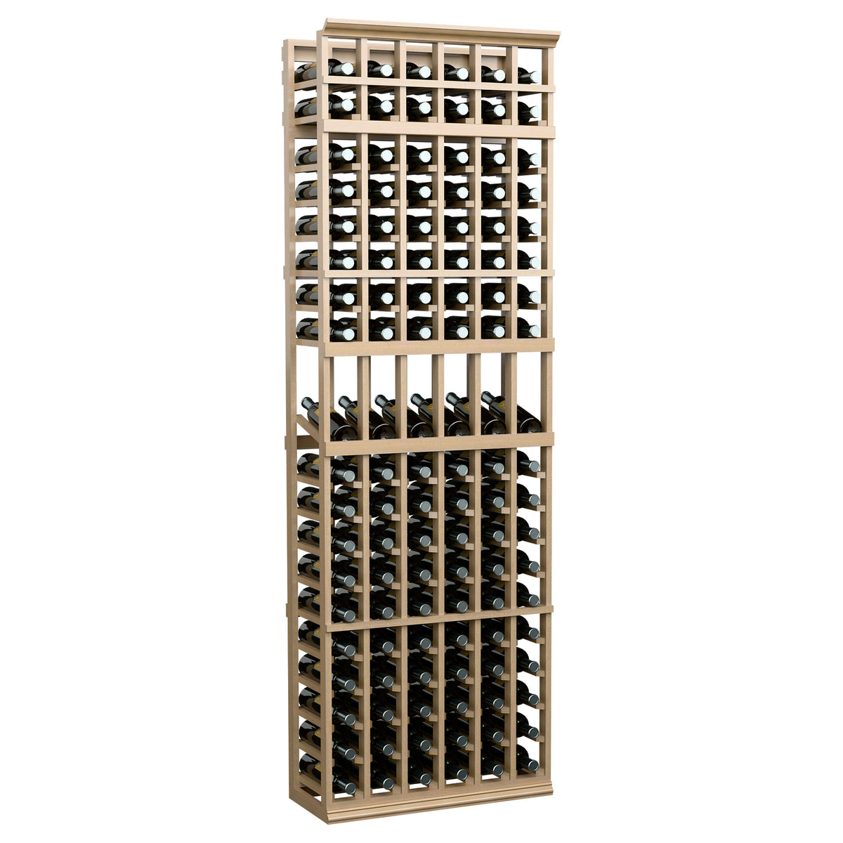 Light wood tall 6-column wine bottle display rack showing front grid bottle slots