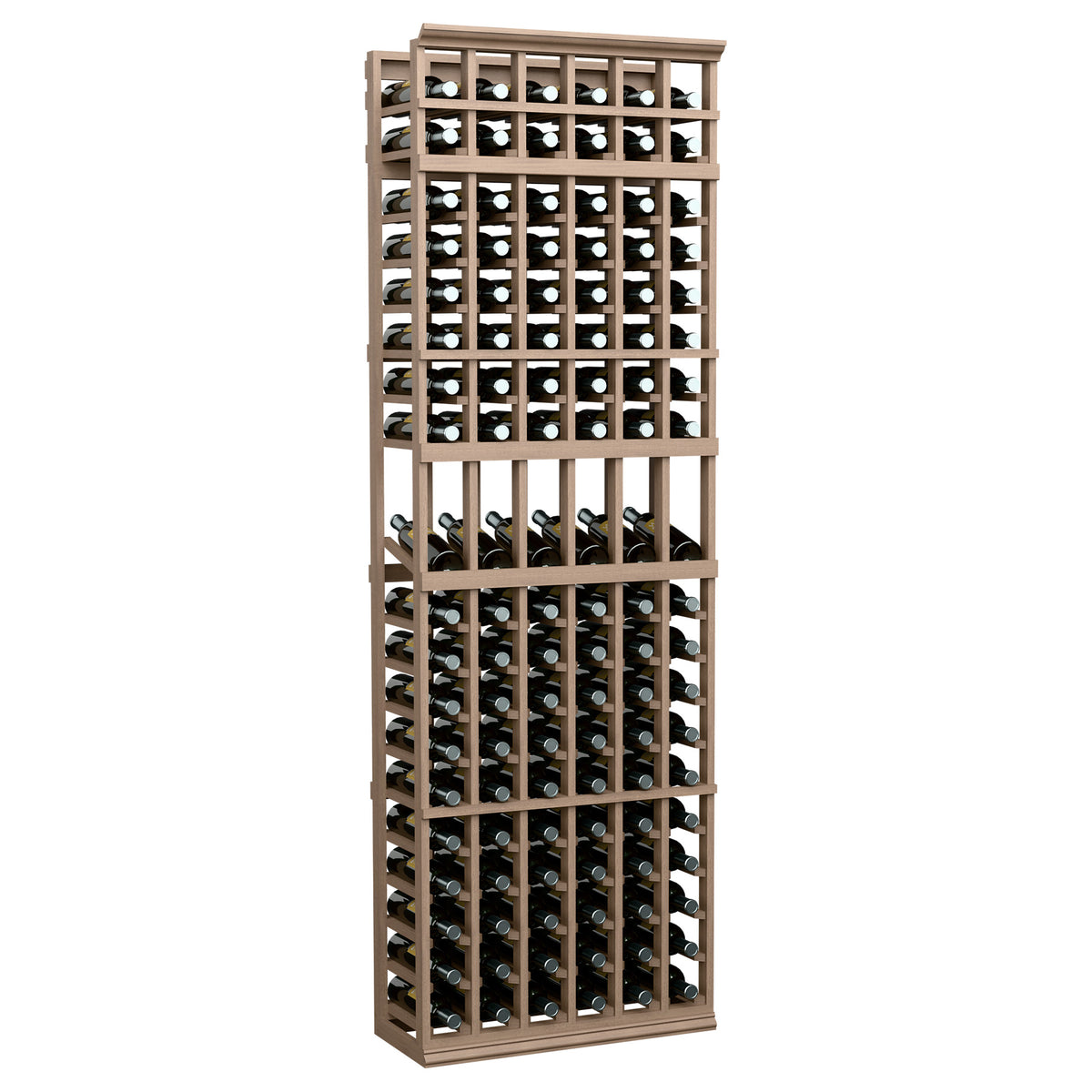 Light wood 6-column wine bottle display rack with multiple levels for bottles