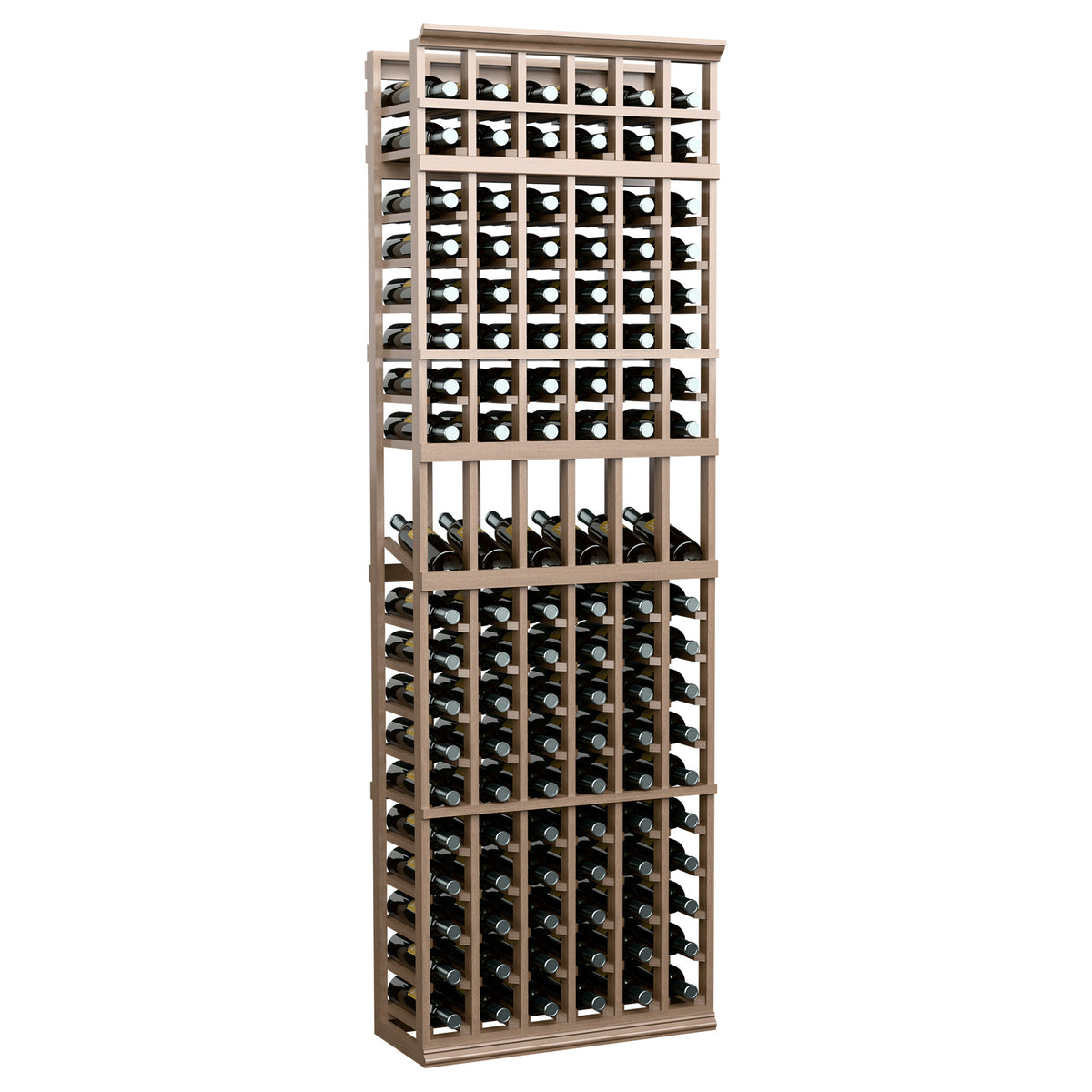 Light wood 6-column wine bottle display rack with bottle-filled front compartments