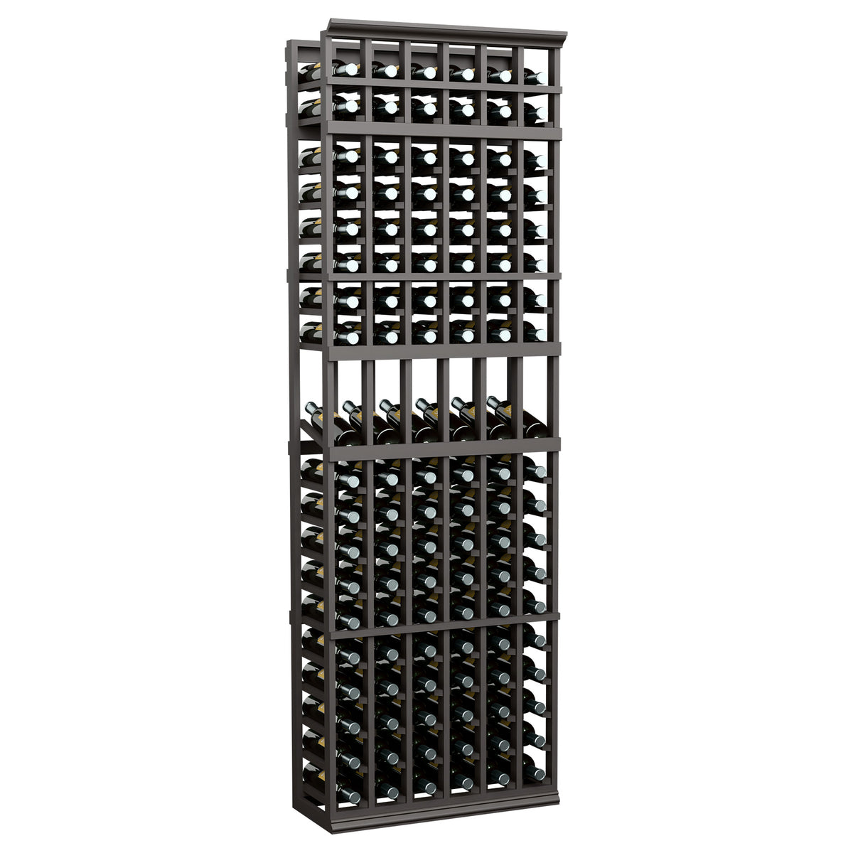 Dark 6-column wine bottle display rack with front lattice and bottles in each slot