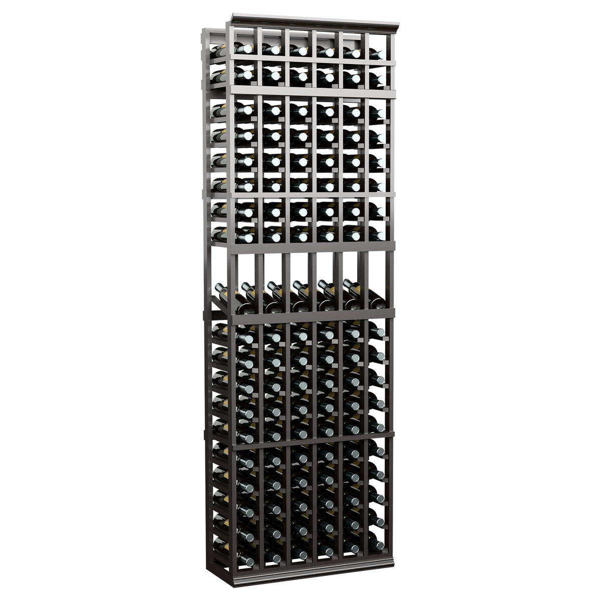 Dark tall 6-column wine bottle display rack with evenly spaced bottle openings