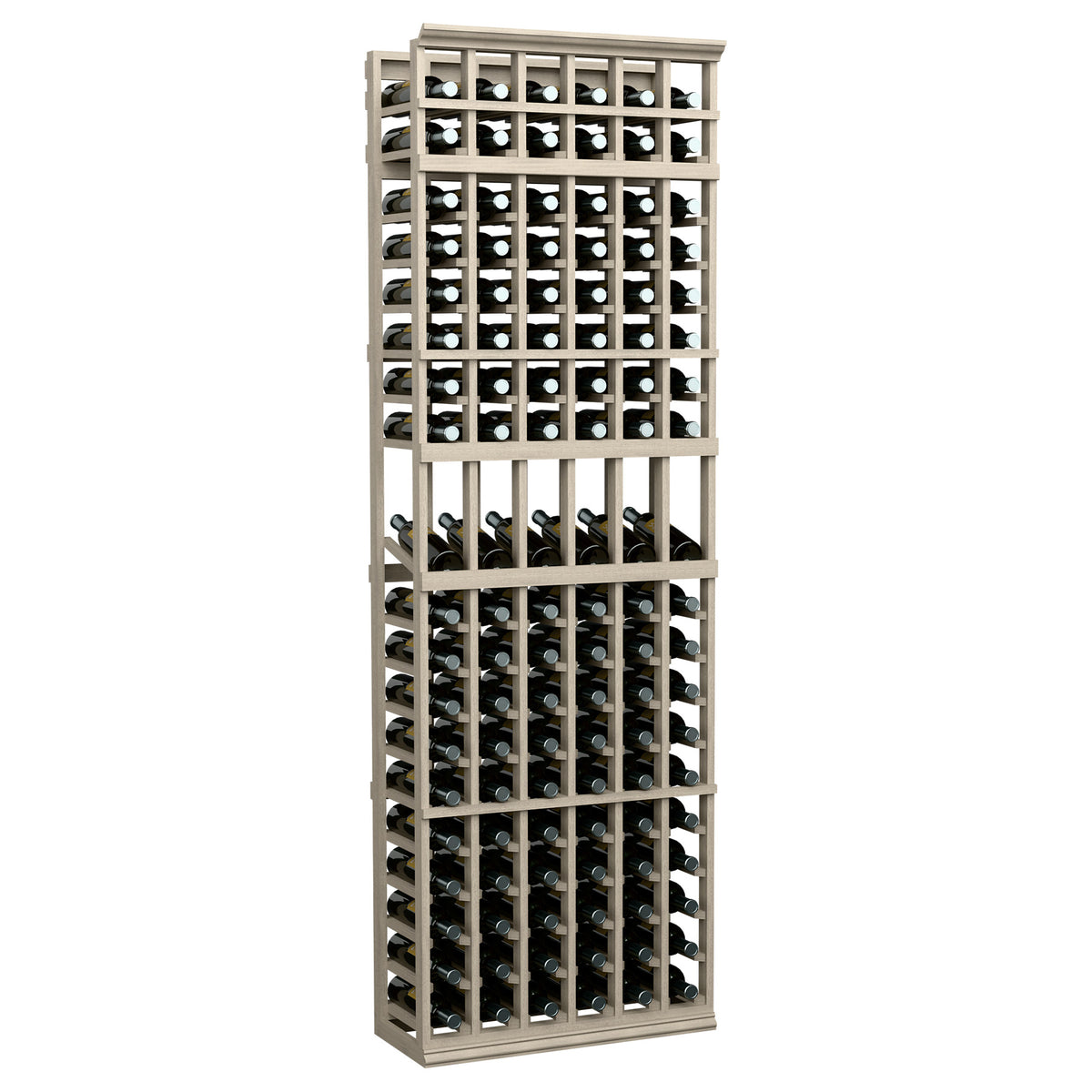Light wood 6-column wine bottle display rack with front frame and bottle grid