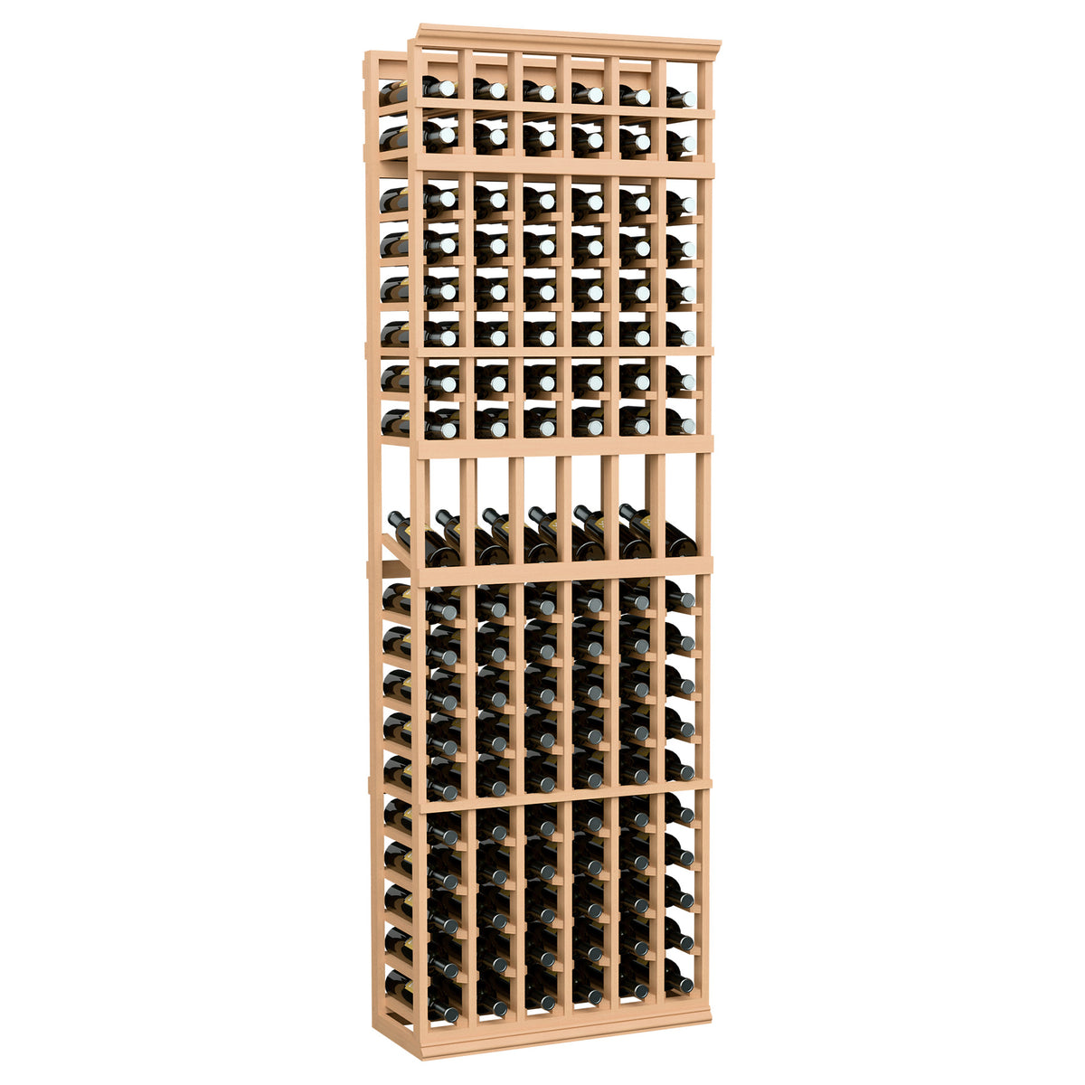 Natural wood wine bottle display rack with 6-column grid and open bottle cubbies