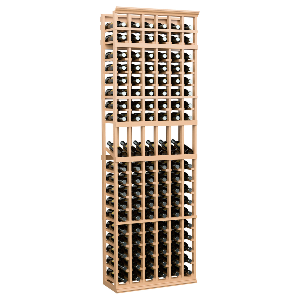 Tall wine bottle display rack with natural wood frame, 6 columns, front bottle slots