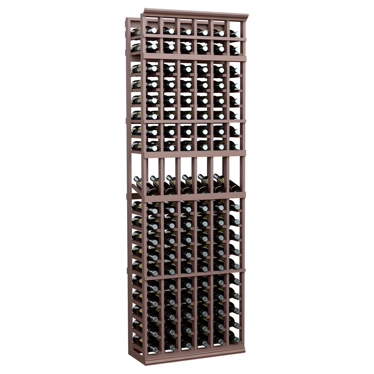 Dark wood wine bottle display rack with 6-column grid and open cubbies for bottles