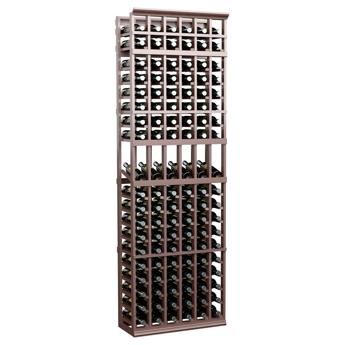 Medium-dark wood wine bottle display rack, 6 columns, with front row bottle openings