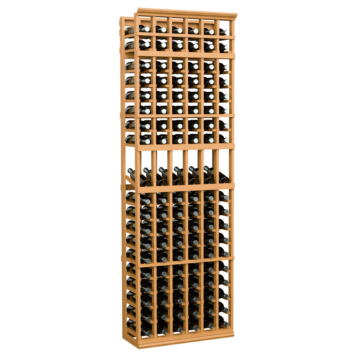 Light wood wine bottle display rack with 6-column grid and visible bottle compartments