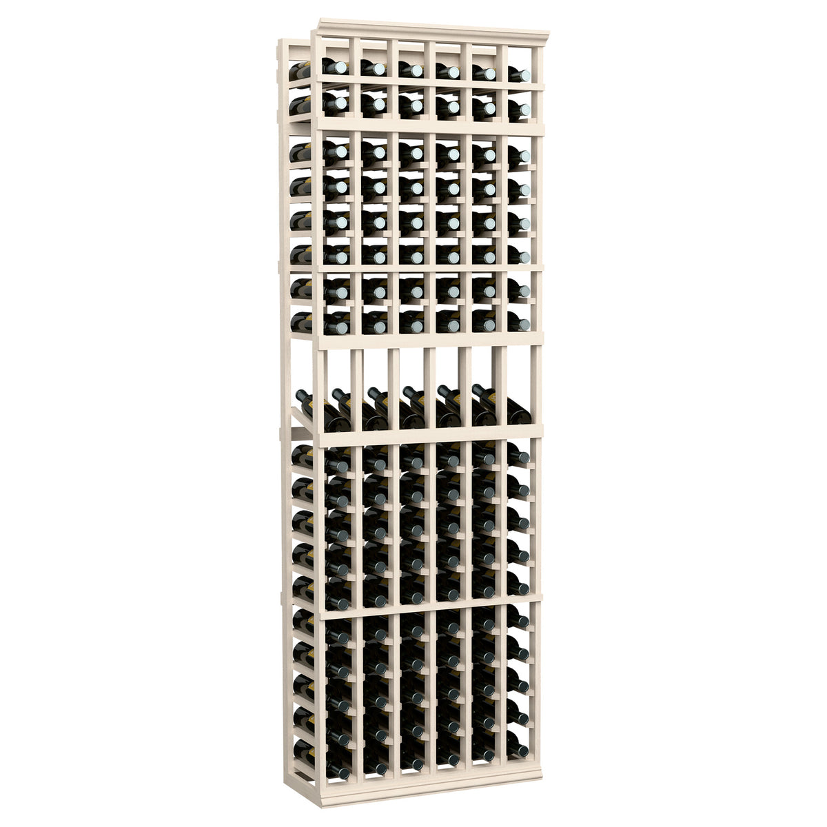 Whitewashed wood wine bottle display rack with 6-column grid and open bottle cubbies
