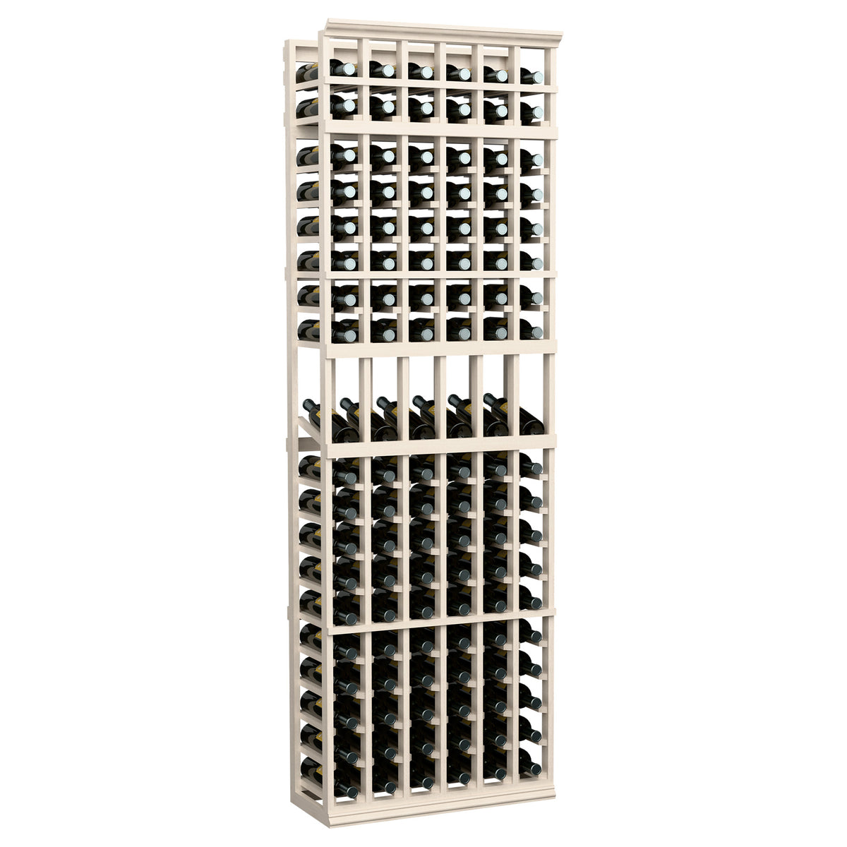 White wood wine bottle display rack with 6 columns and front bottle storage slots