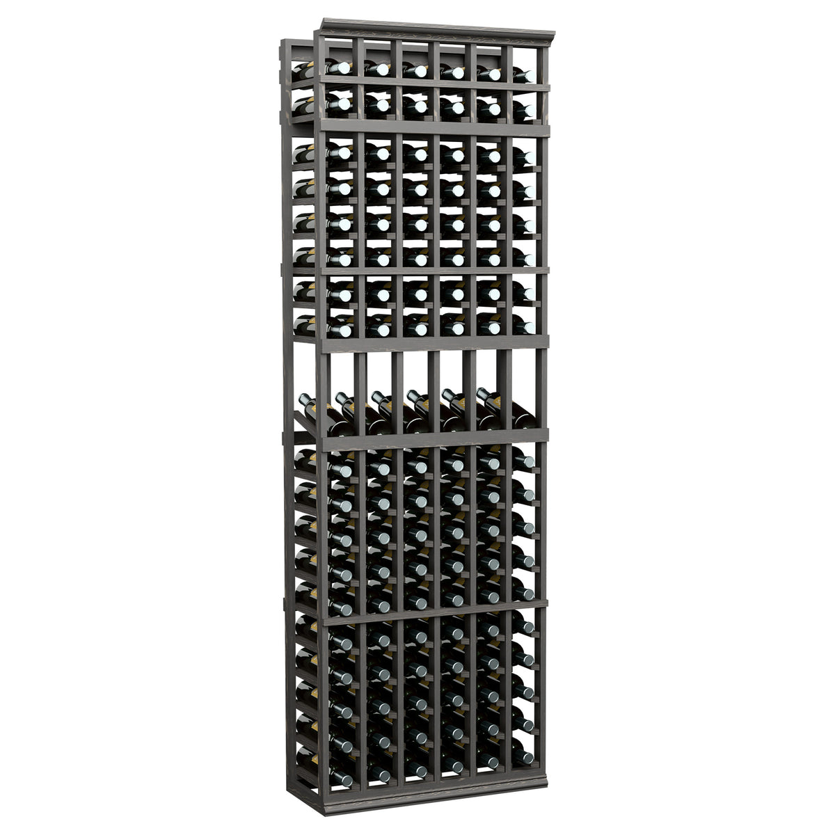 Black wood wine bottle display rack with 6-column grid and open cubbies for bottles