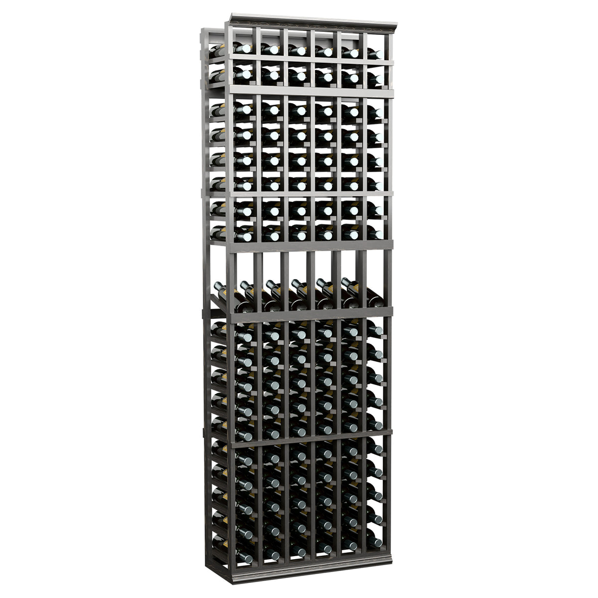Dark grey-black wine bottle display rack with 6-column grid and front bottle openings