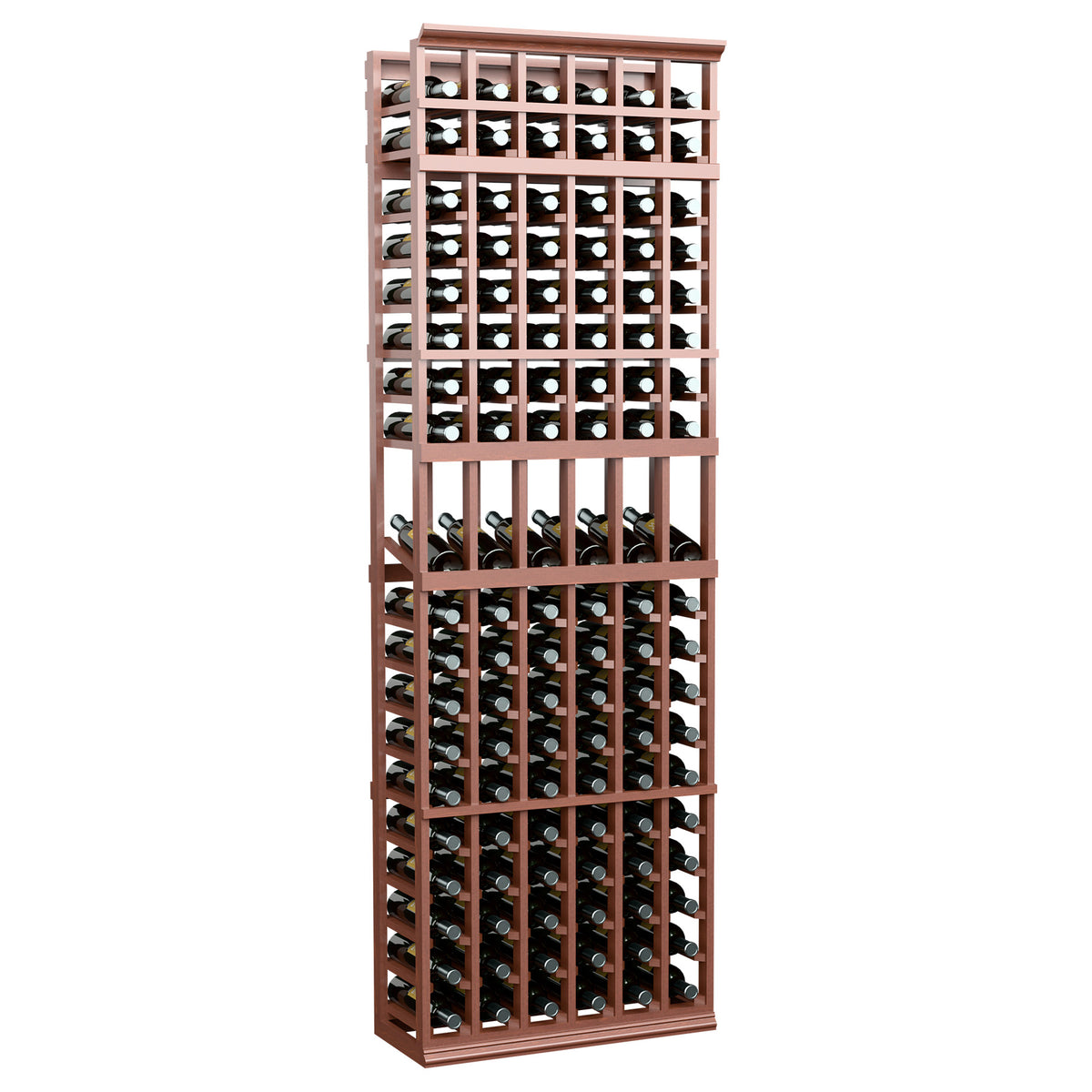 7-ft 6-column wine bottle display rack, dark red stained shelves holding bottles