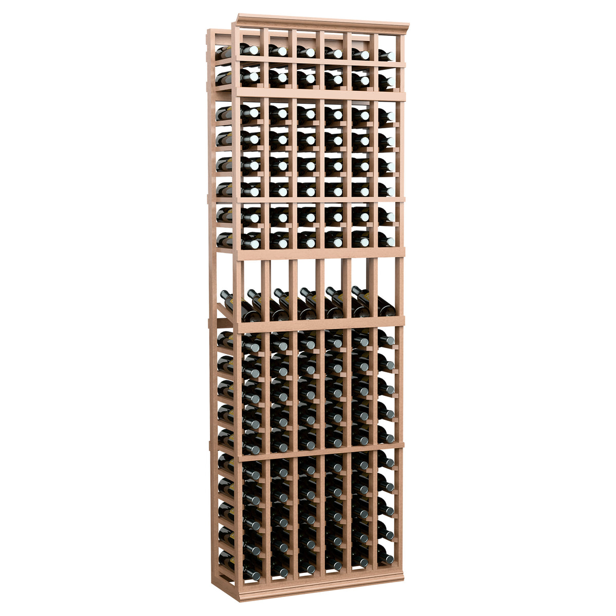 7-ft 6-column wine bottle display rack, light natural wood shelves with bottles