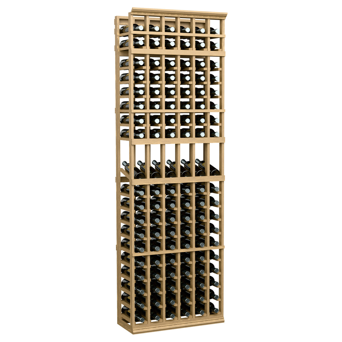 7-ft 6-column wine bottle display rack, light wood frame holding wine bottles