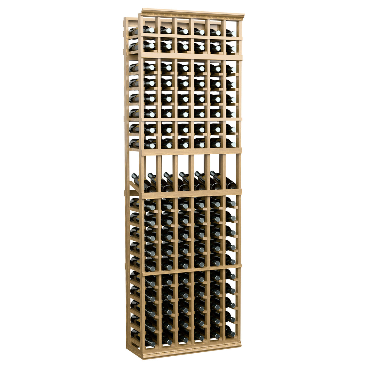 7-ft 6-column wine bottle display rack, pale wood frame with wine bottles