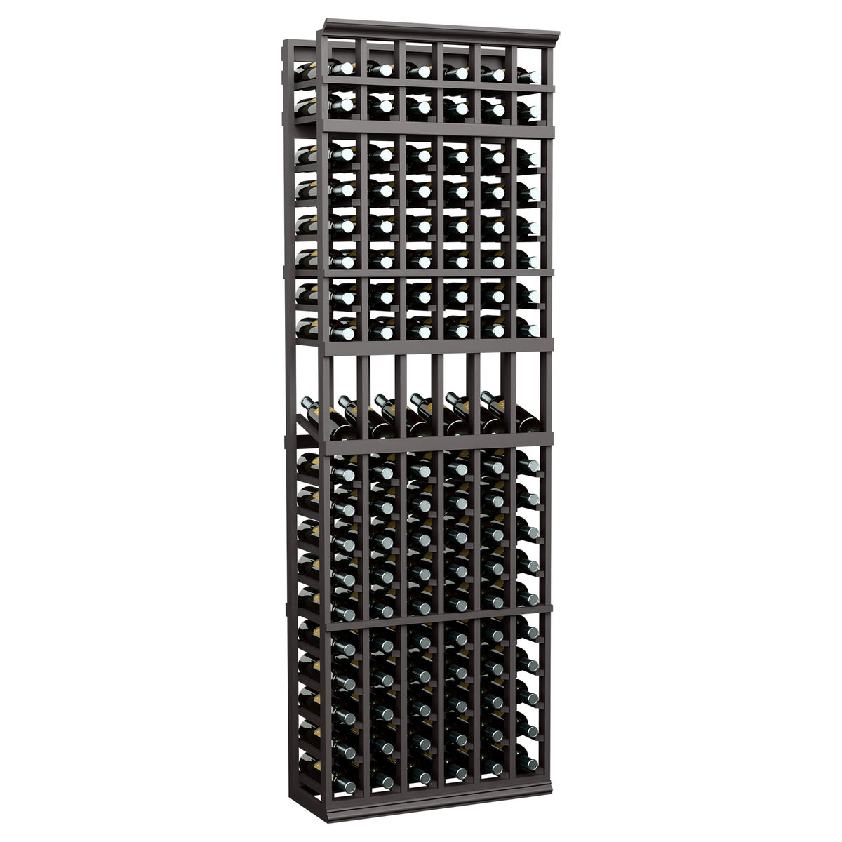 7-ft 6-column wine bottle display rack, black-stained frame with bottles