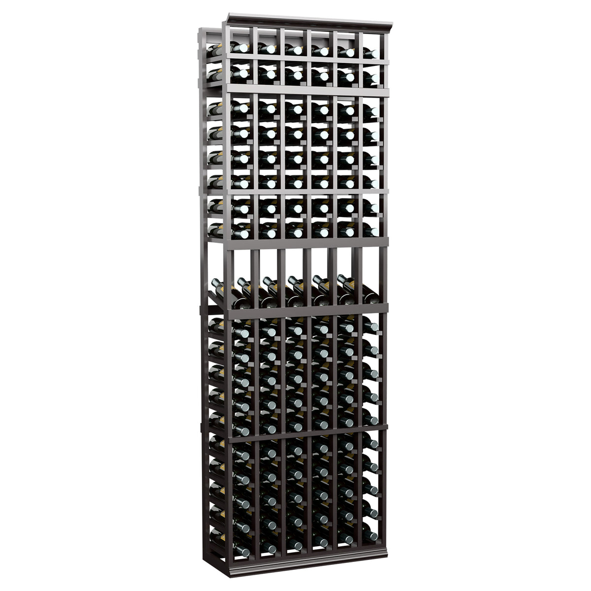 7-ft 6-column wine bottle display rack, dark brown/black wood shelves with bottles