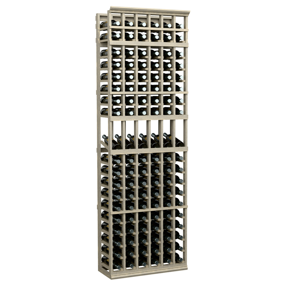 7-ft 6-column wine bottle display rack, grey-toned wood frame holding bottles