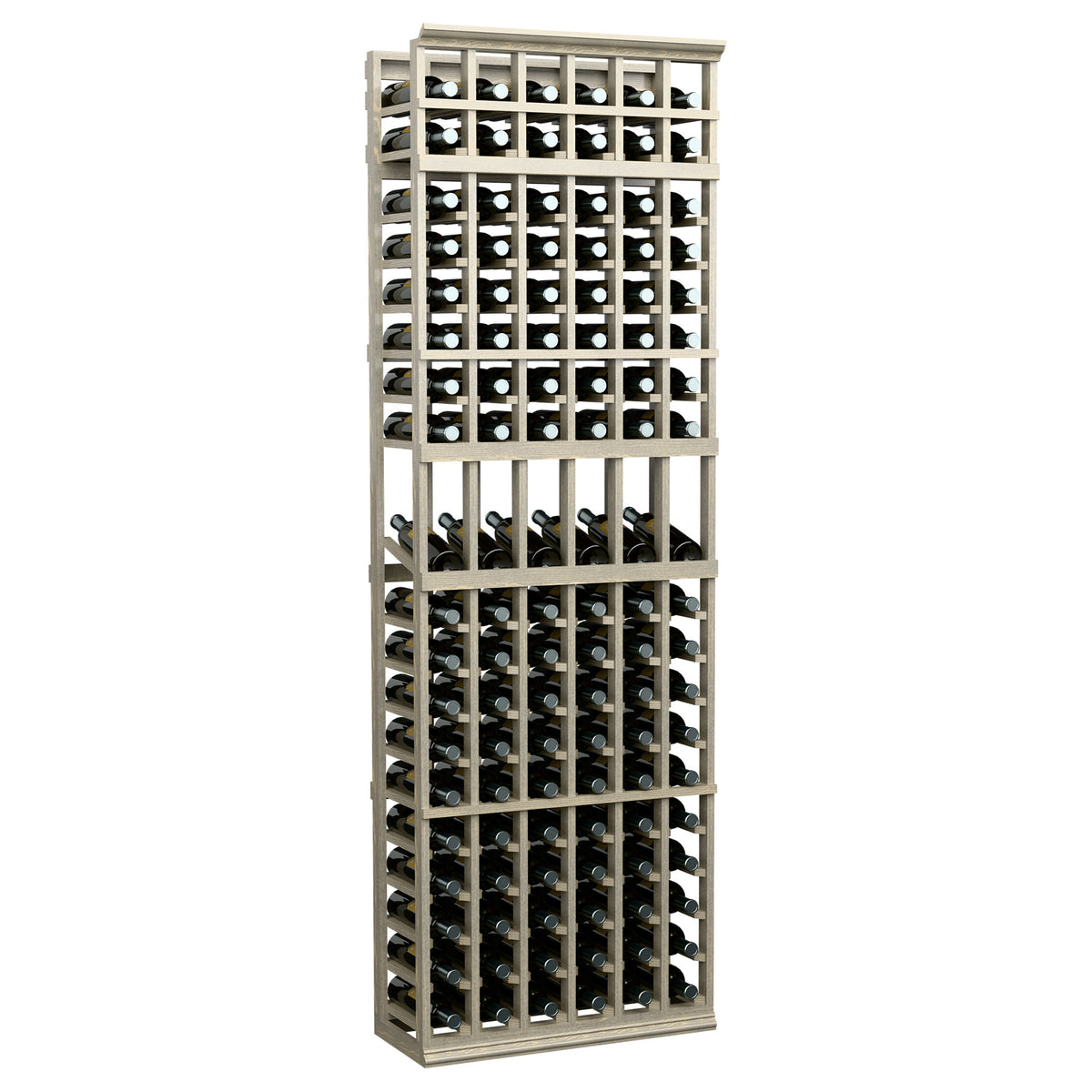 7-ft 6-column wine bottle display rack, light grey wood frame with bottles