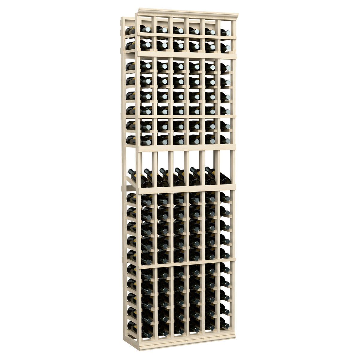 6-column wine bottle display rack, white-washed wood frame with bottle slots