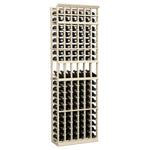 6-column wine bottle display rack, white-washed wood frame with bottle slots