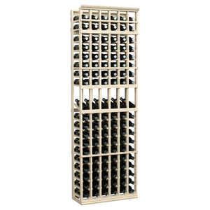 6-column wine bottle display rack, white-washed wood frame with bottle slots