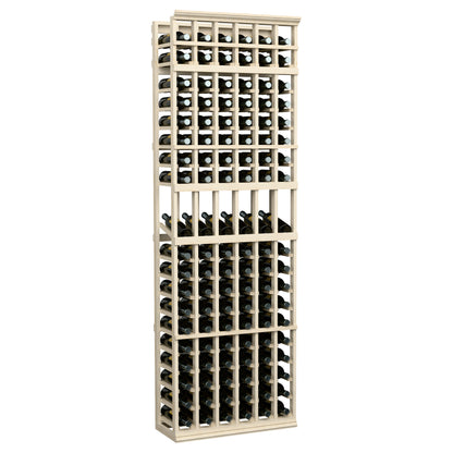 6-column wine bottle display rack, white-washed wood frame with bottle slots