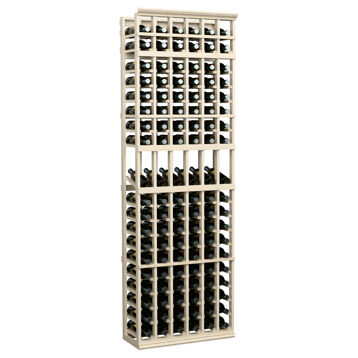 6-column wine bottle display rack, white-washed wood frame holding wine bottles