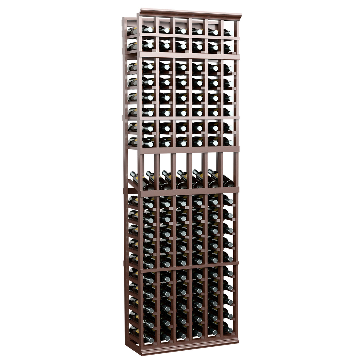 6-column wine bottle display rack, dark brown frame with rows of wine bottles