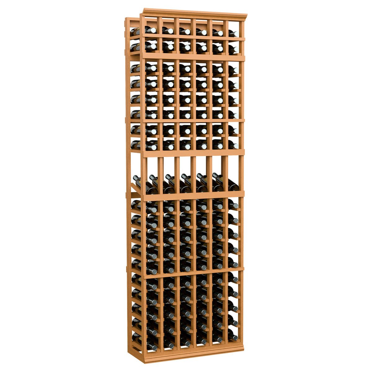 6-column wine bottle display rack, light honey wood frame with bottle storage rows