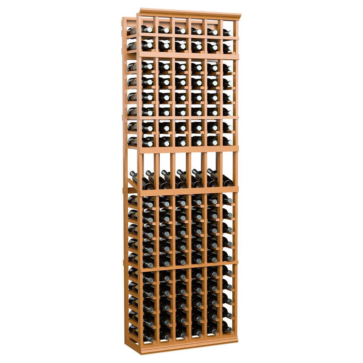 6-column wine bottle display rack, light honey wood frame with wine bottle sections