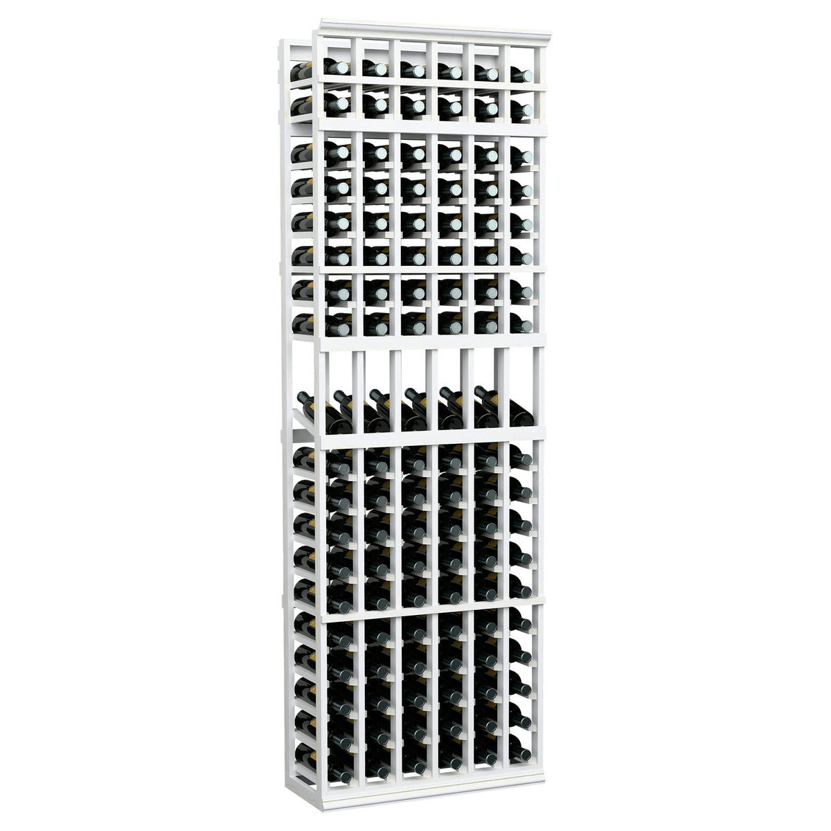 6-column wine bottle display rack, white frame with bottle rows and holders
