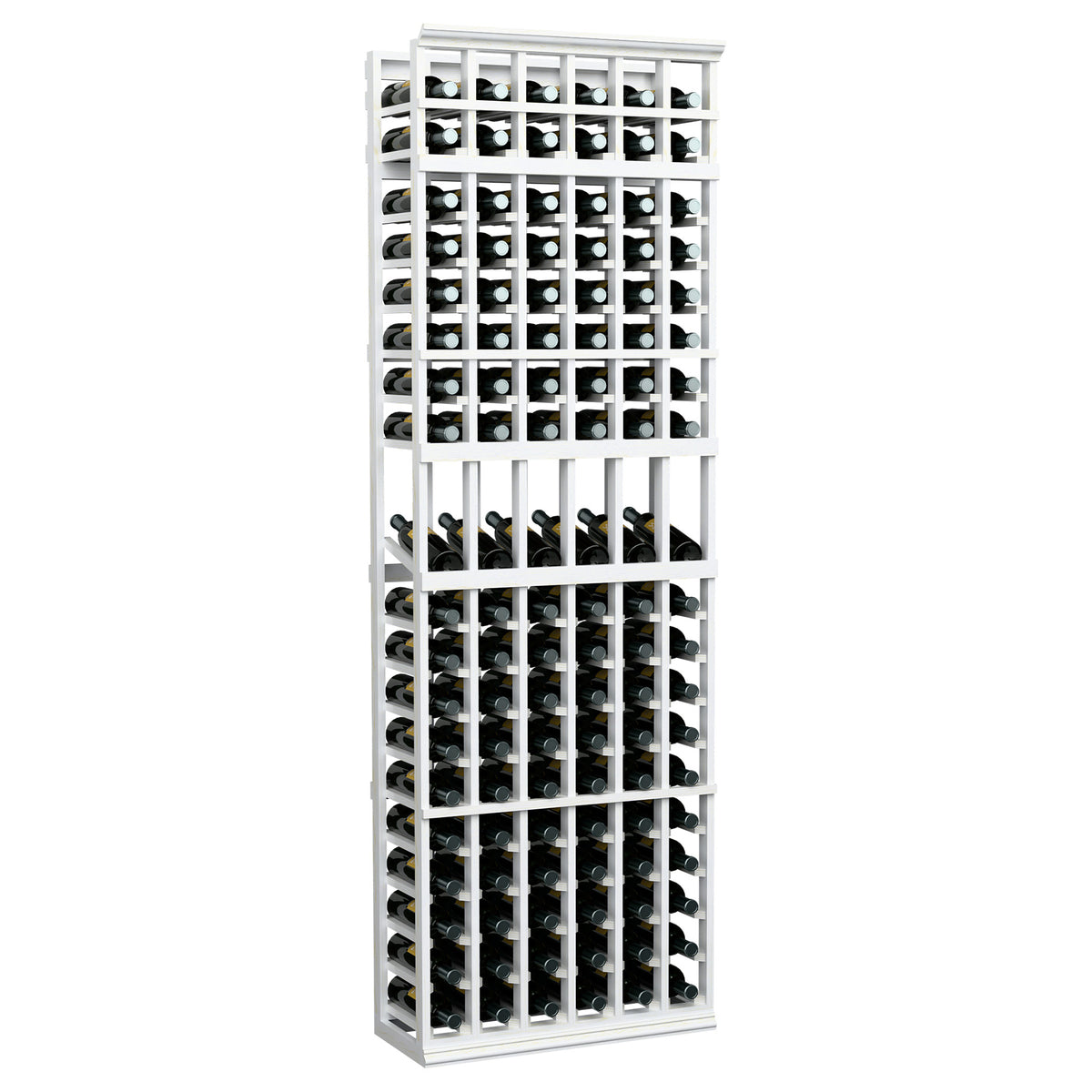 6-column wine bottle display rack, white frame with multiple wine bottle compartments