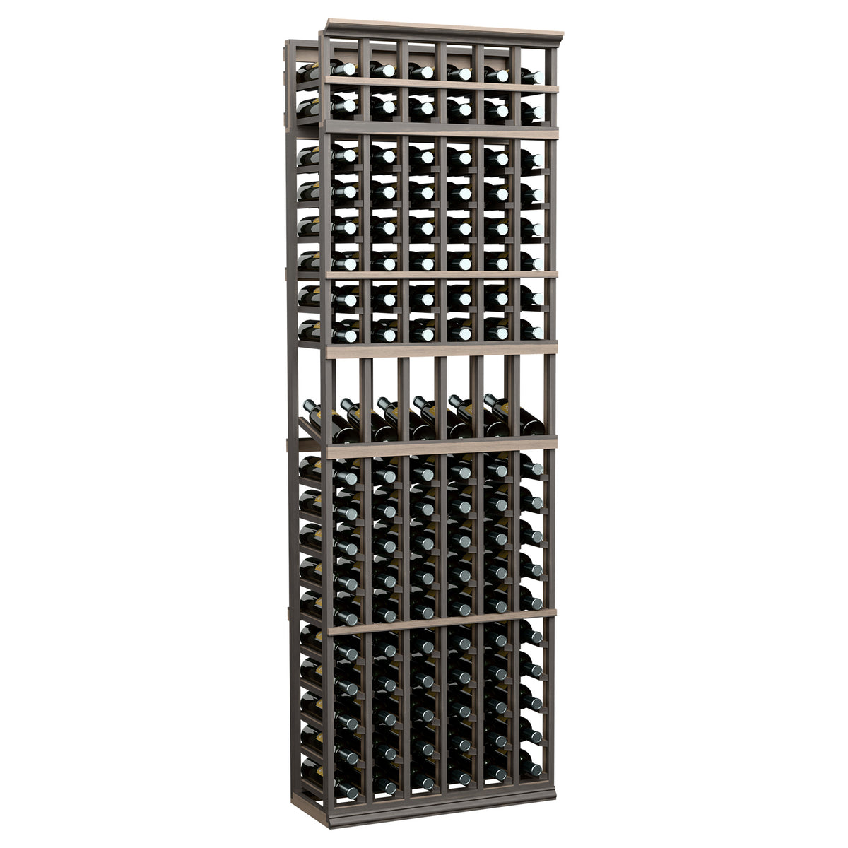 6-column wine bottle display rack, dark wood frame with wine bottle storage sections