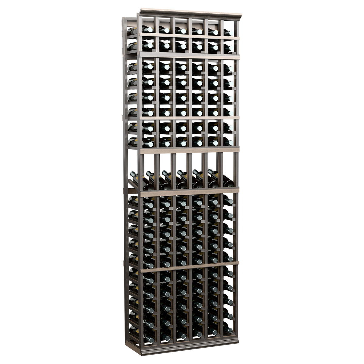 6-column wine bottle display rack, dark wood frame with rows of wine bottles