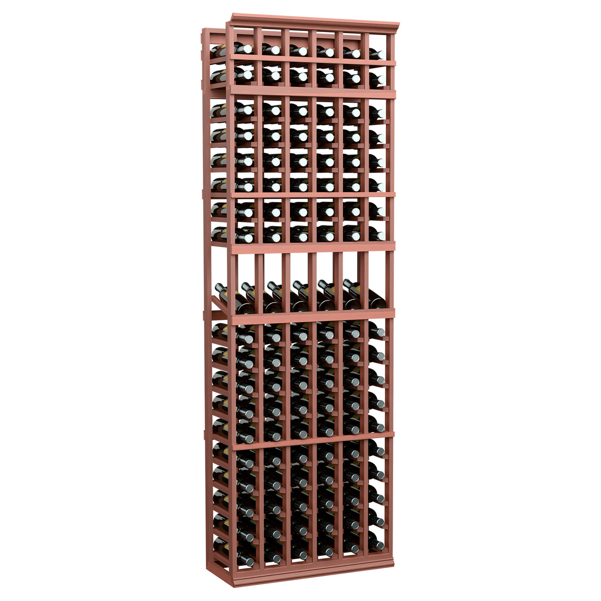 Dark red wood wine display rack, 6 columns wide, holds multiple bottles in rows
