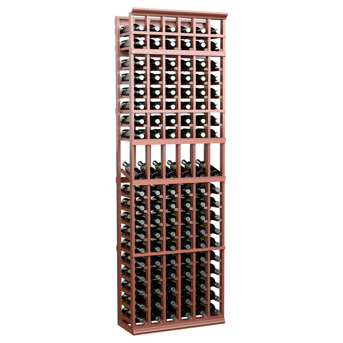 Dark red wood wine display rack with 6 columns, bottle slots across the full height