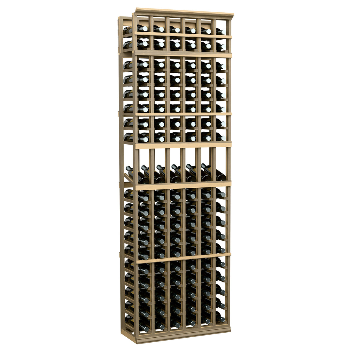 Light wood wine display rack, 6-column bottle grid with multiple rows