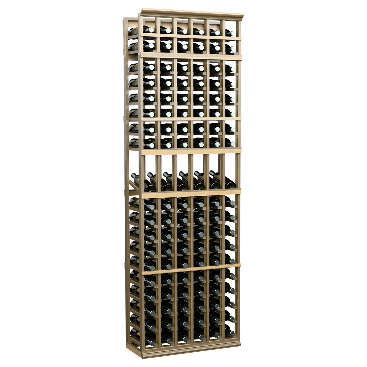 Light wood wine display rack with 6 columns, long front grid for bottle storage