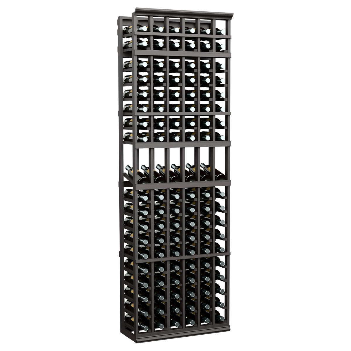 Black wood wine display rack, 6-column design with bottle holders across rows