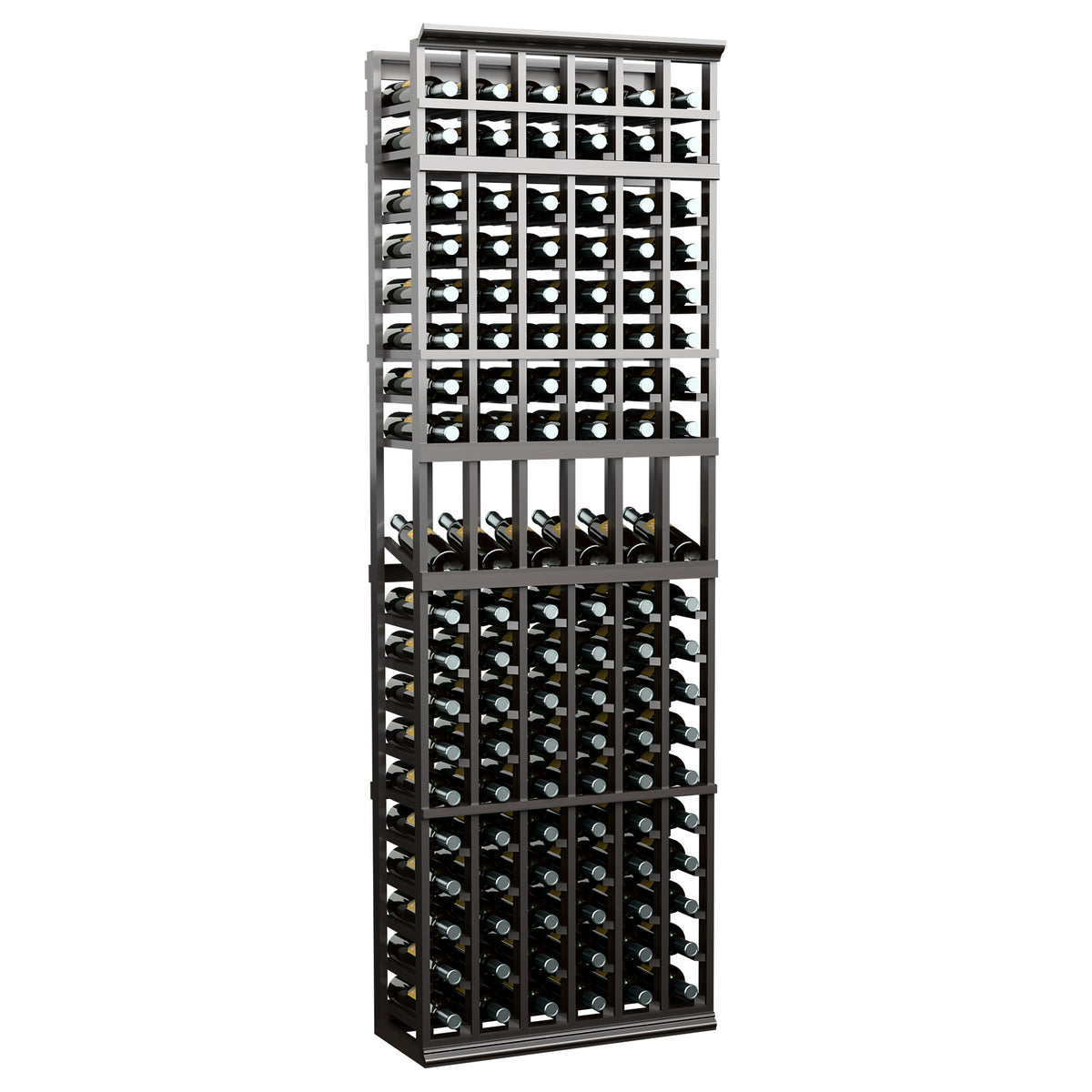 Black wine display rack with 6 columns, stacked bottle slots in a tall grid
