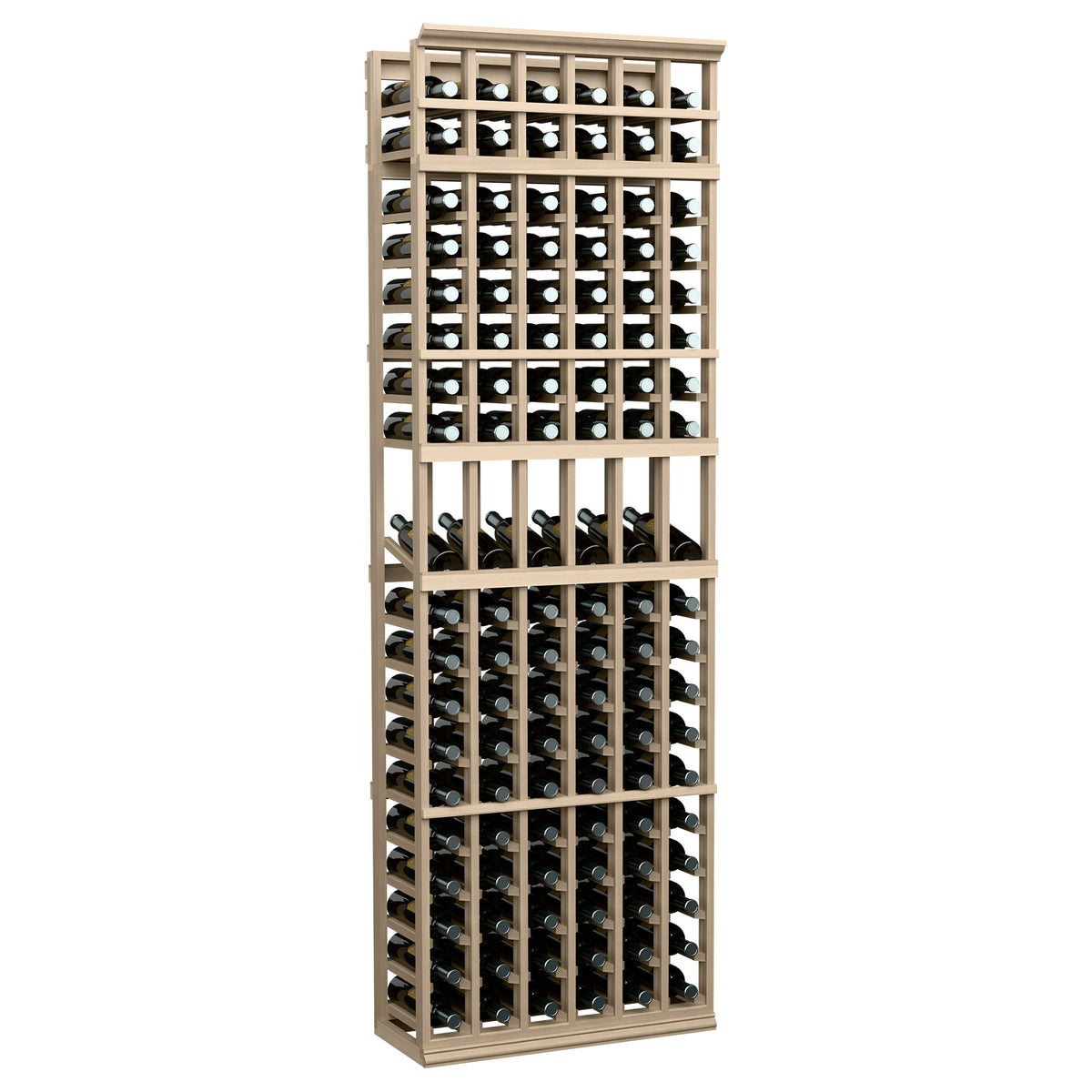 Pale wood wine display rack with 6 columns, bottle display in evenly spaced rows