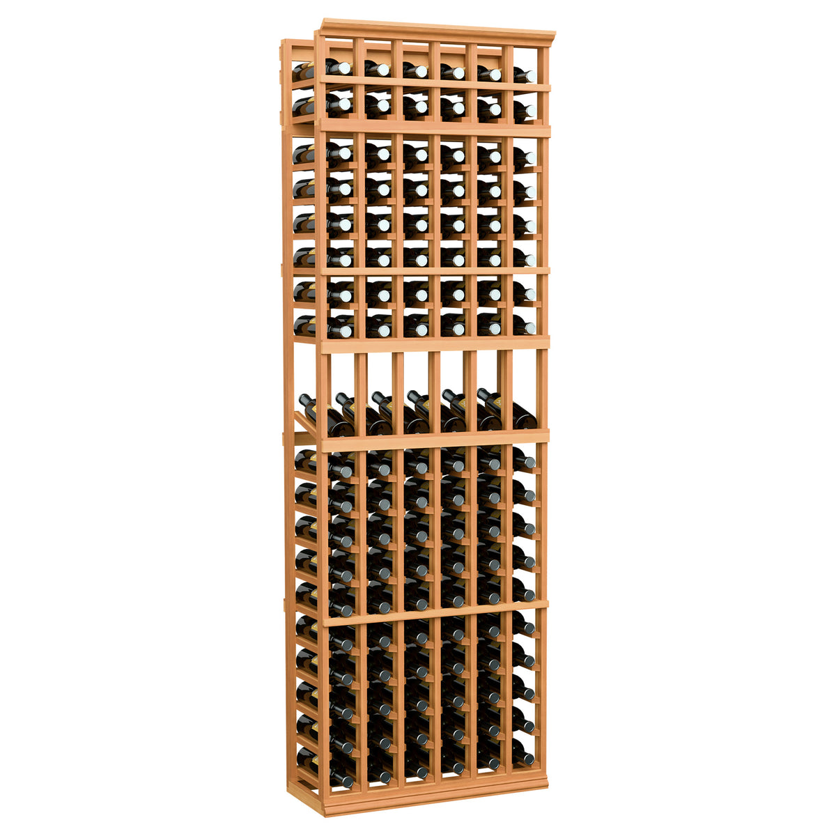 Wood wine bottle display rack, 6-column layout, 7ft tall, holds multiple bottles