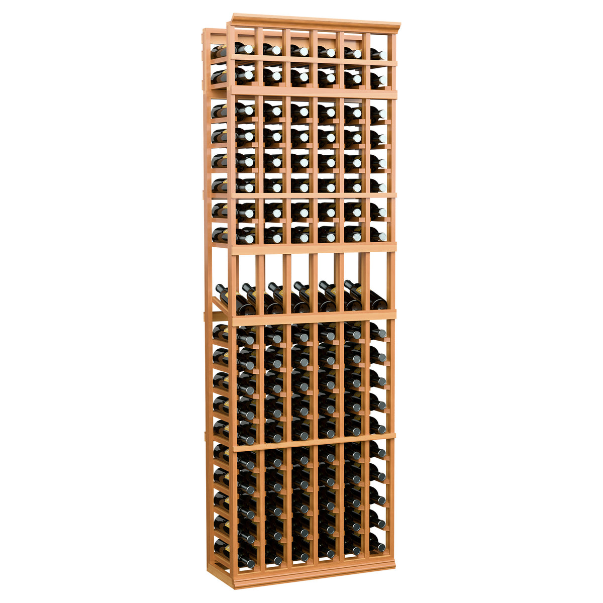 Light wood wine bottle display rack with 6 columns, 7ft tall, multi-bottle storage
