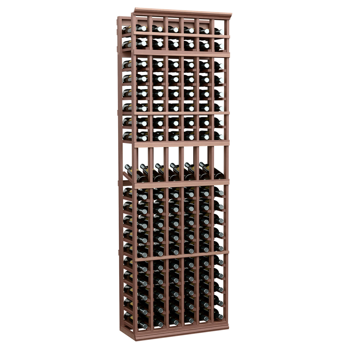 Dark wood wine bottle display rack, 6-column design, 7ft tall, holds bottles